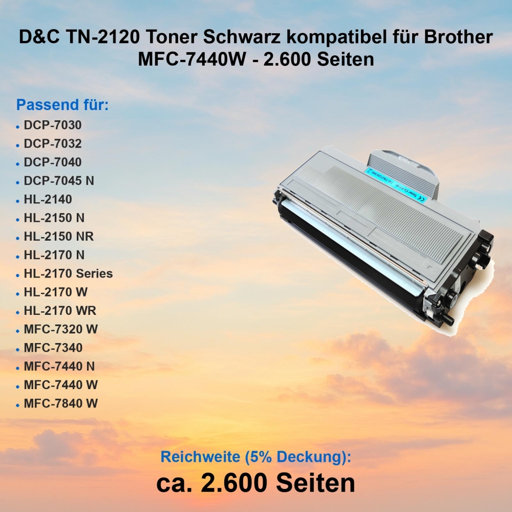D&C TN-2120 Toner Schwarz kompatibel für Brother MFC-7440W - 2.600 Seiten