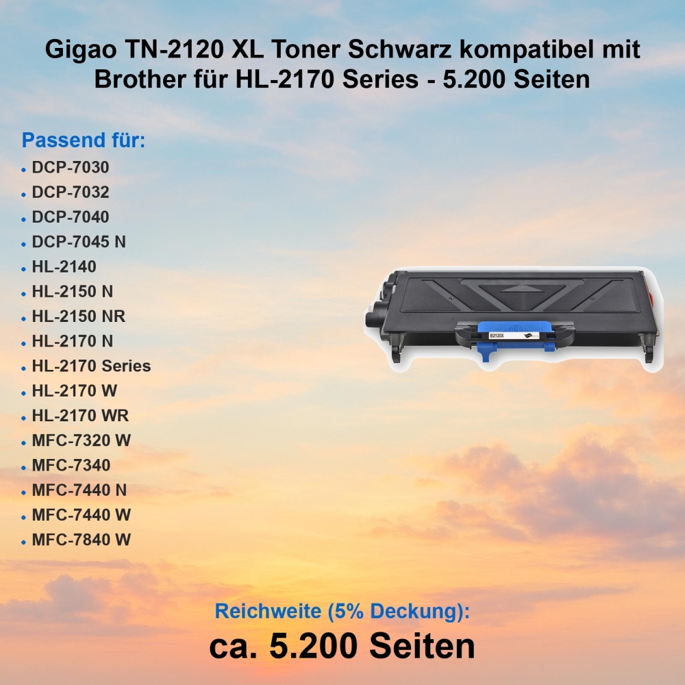 Gigao TN-2120 XL Toner Schwarz kompatibel mit Brother für HL-2170 Series - 5.200 Seiten