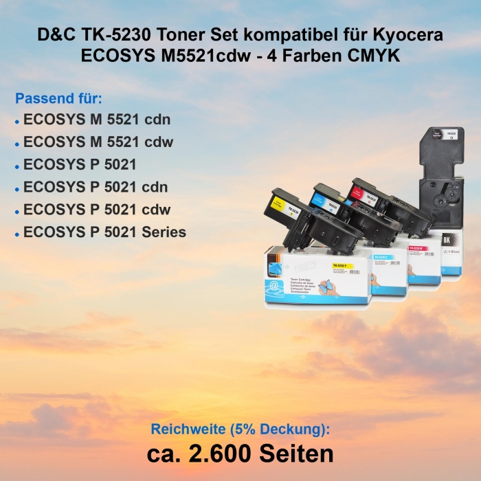 D&C TK-5230 Toner Set kompatibel für Kyocera ECOSYS M5521cdw - 4 Farben CMYK