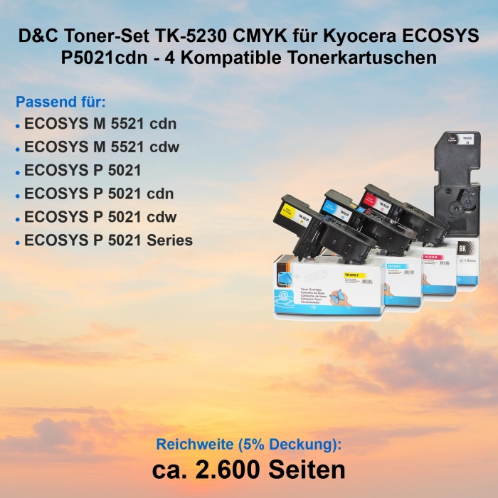 D&C Toner-Set TK-5230 CMYK für Kyocera ECOSYS P5021cdn - 4 Kompatible Tonerkartuschen