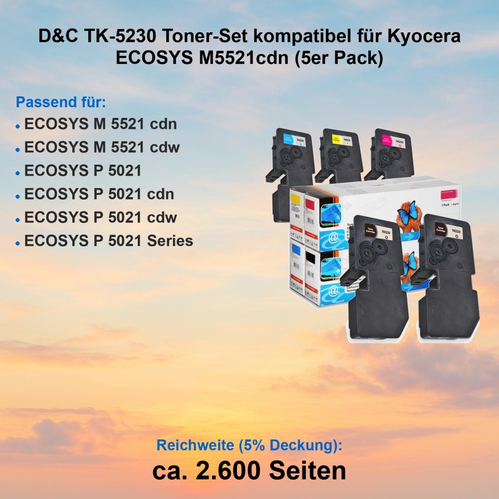 D&C TK-5230 Toner-Set kompatibel für Kyocera ECOSYS M5521cdn (5er Pack)
