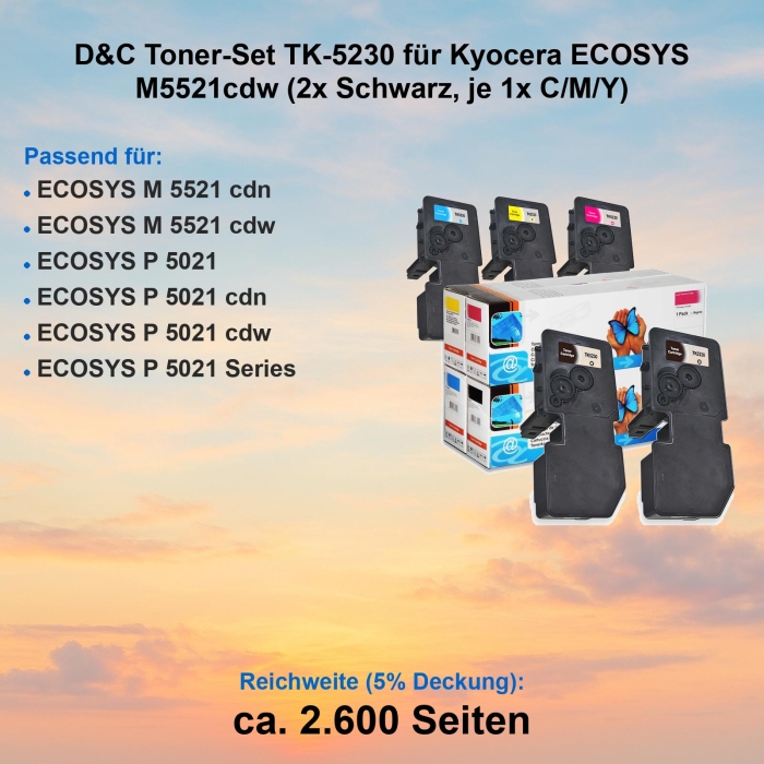 D&C Toner-Set TK-5230 für Kyocera ECOSYS M5521cdw (2x Schwarz, je 1x C/M/Y)