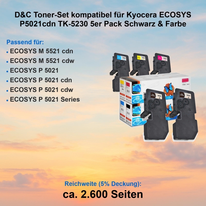 D&C Toner-Set kompatibel für Kyocera ECOSYS P5021cdn TK-5230 5er Pack Schwarz & Farbe