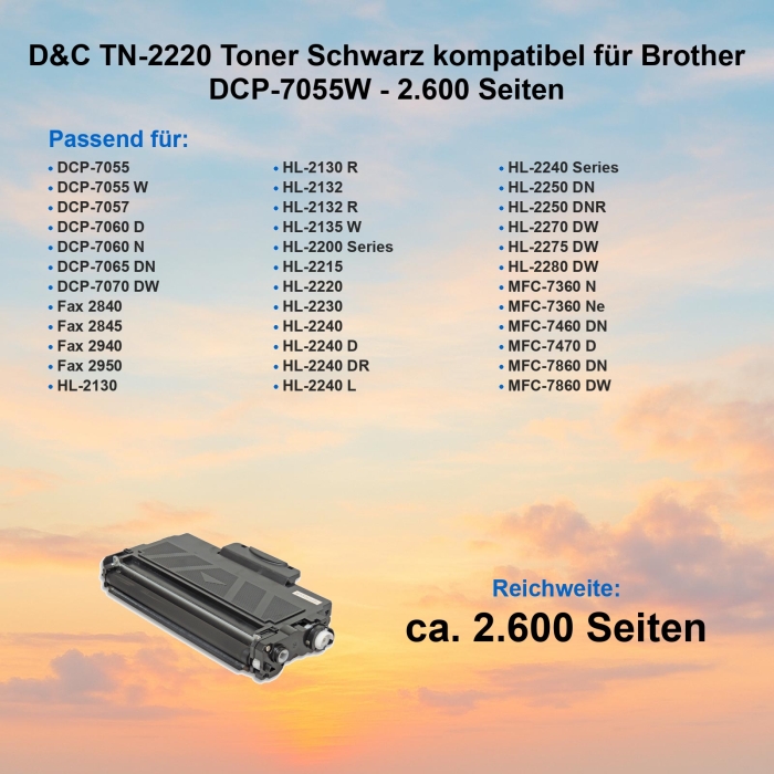 D&C TN-2220 Toner Schwarz kompatibel für Brother DCP-7055W - 2.600 Seiten