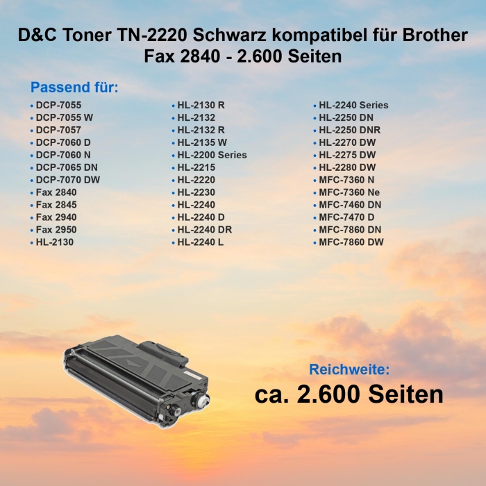 D&C Toner TN-2220 Schwarz kompatibel für Brother Fax 2840 - 2.600 Seiten