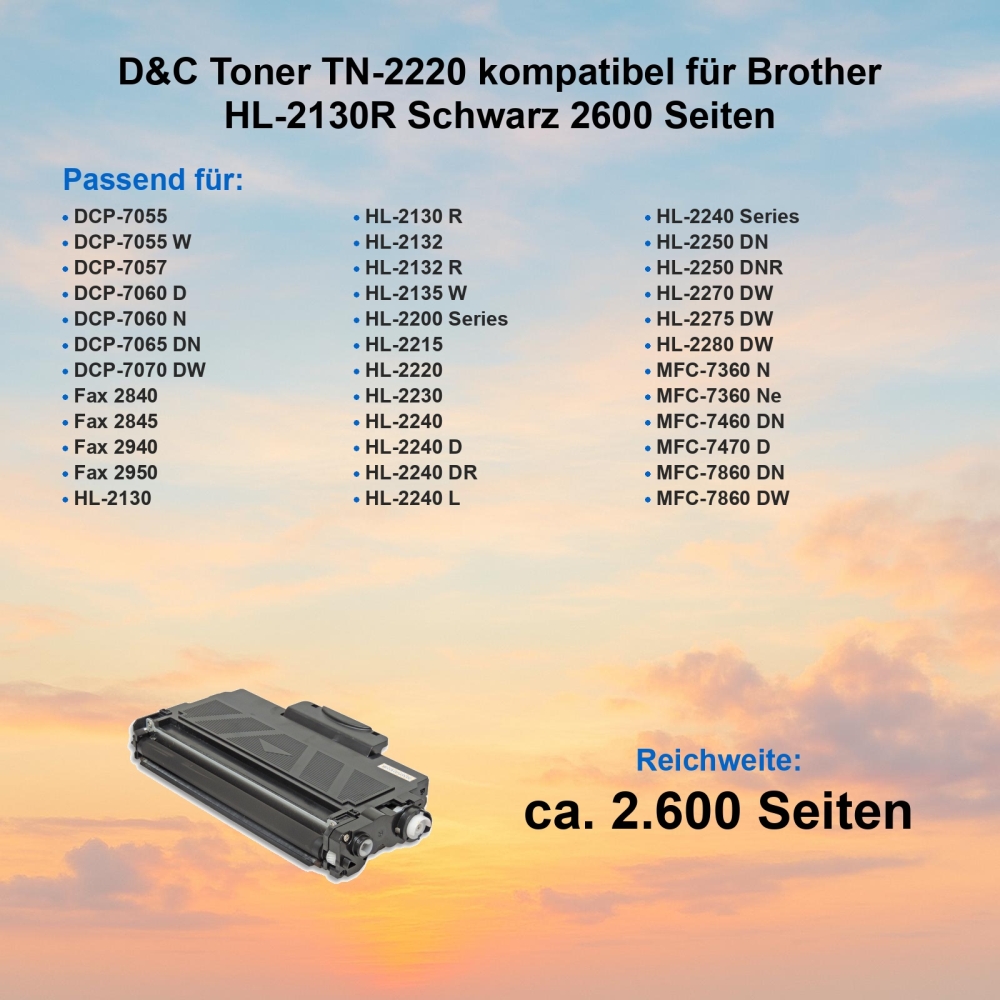 D&C Toner TN-2220 kompatibel für Brother HL-2130R Schwarz 2600 Seiten