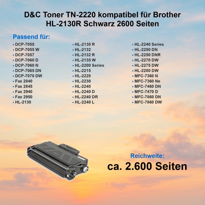 D&C Toner TN-2220 kompatibel für Brother HL-2130R Schwarz 2600 Seiten