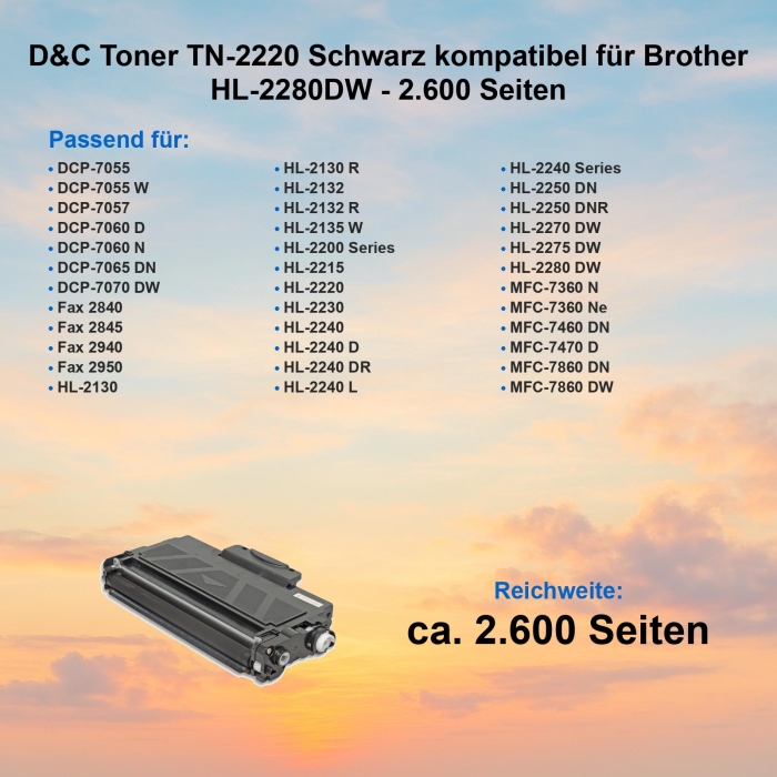 D&C Toner TN-2220 Schwarz kompatibel für Brother HL-2280DW - 2.600 Seiten