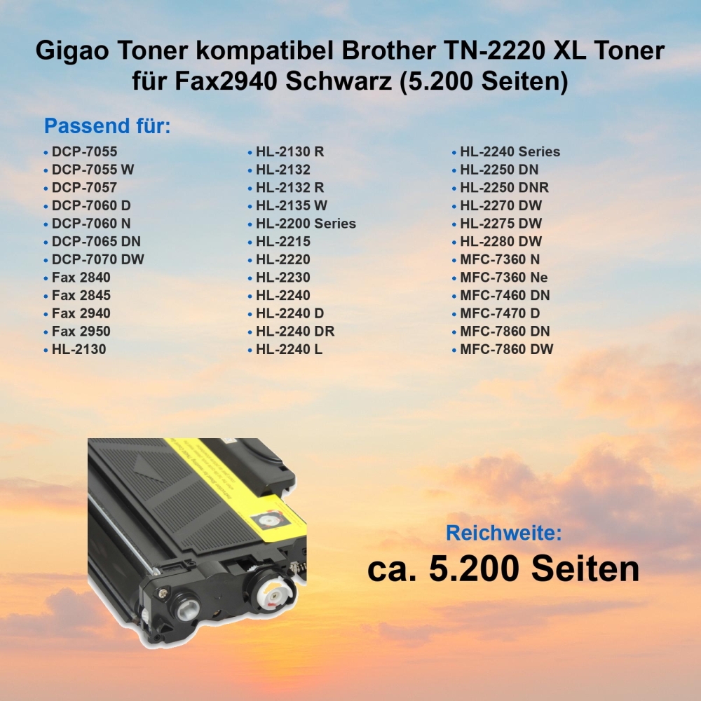 Gigao Toner kompatibel Brother TN-2220 XL Toner für Fax2940 Schwarz (5.200 Seiten)
