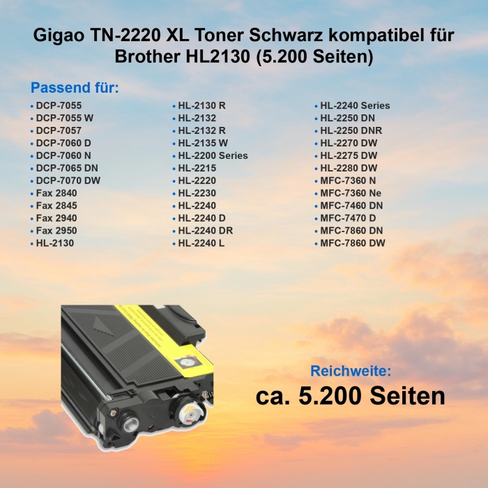 Gigao TN-2220 XL Toner Schwarz kompatibel für Brother HL2130 (5.200 Seiten)