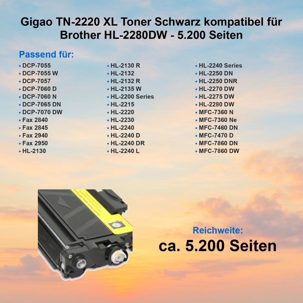 Gigao TN-2220 XL Toner Schwarz kompatibel für Brother HL-2280DW - 5.200 Seiten
