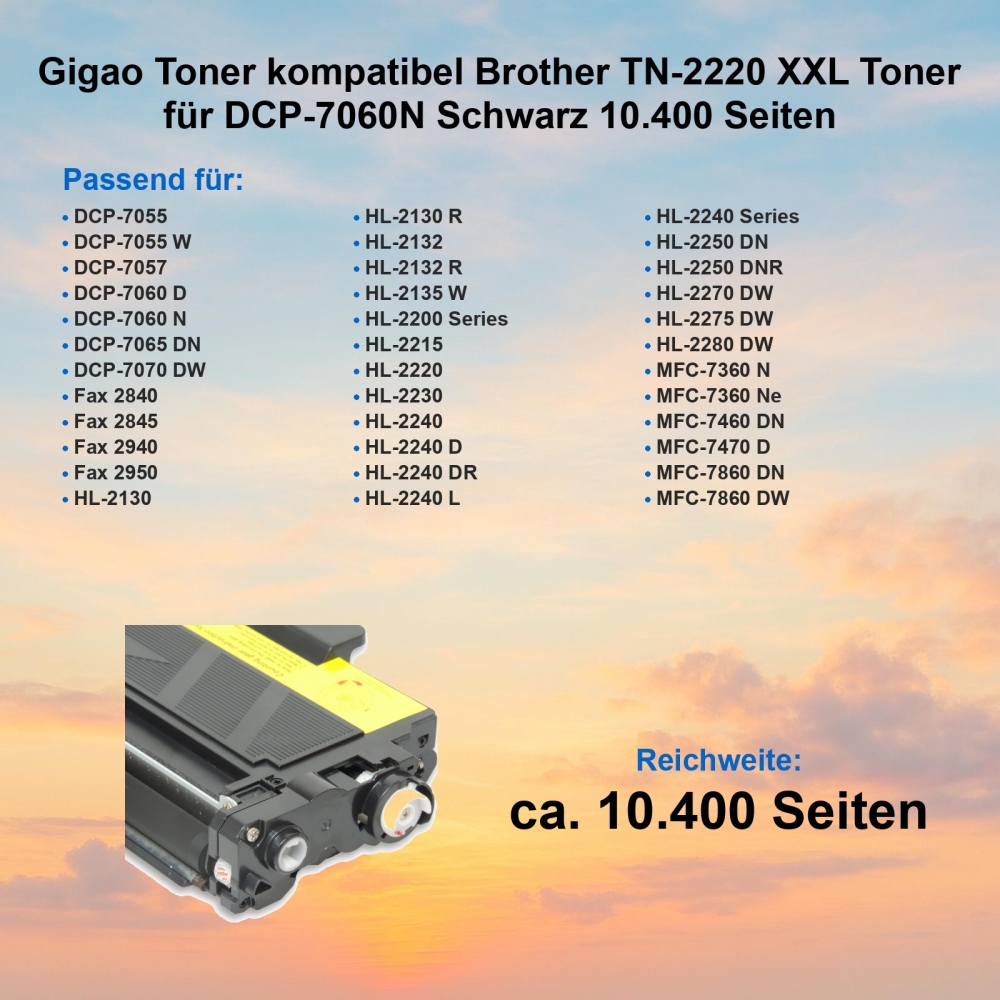 Gigao Toner kompatibel Brother TN-2220 XXL Toner für DCP-7060N Schwarz 10.400 Seiten
