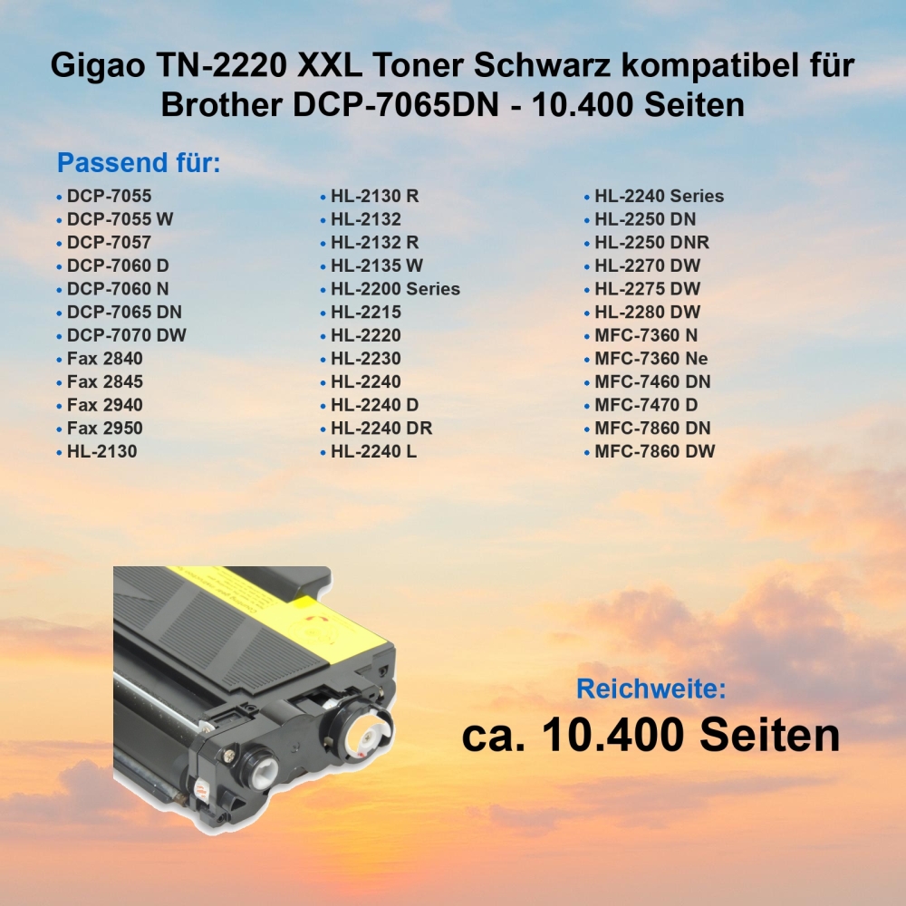 Gigao TN-2220 XXL Toner Schwarz kompatibel für Brother DCP-7065DN - 10.400 Seiten