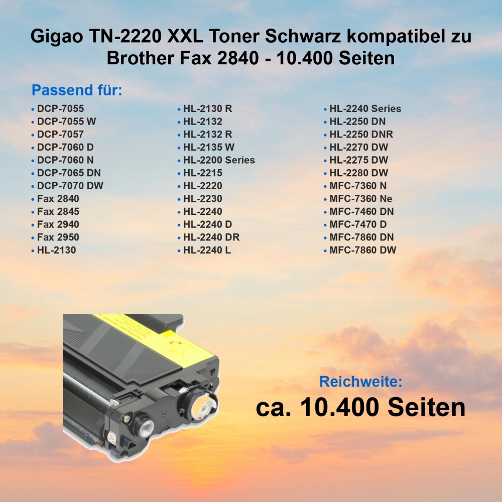 Gigao TN-2220 XXL Toner Schwarz kompatibel zu Brother Fax 2840 - 10.400 Seiten
