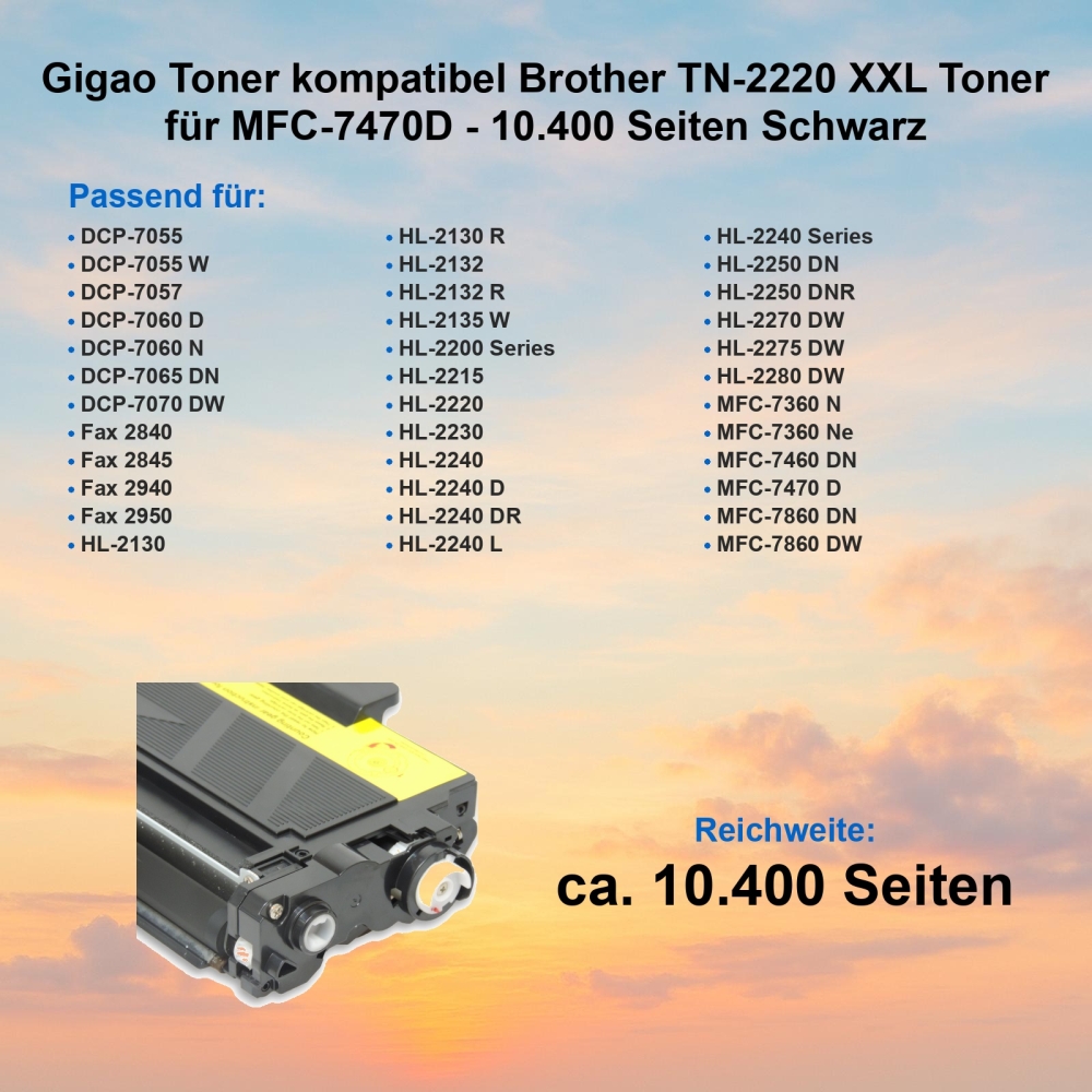 Gigao Toner kompatibel Brother TN-2220 XXL Toner für MFC-7470D - 10.400 Seiten Schwarz