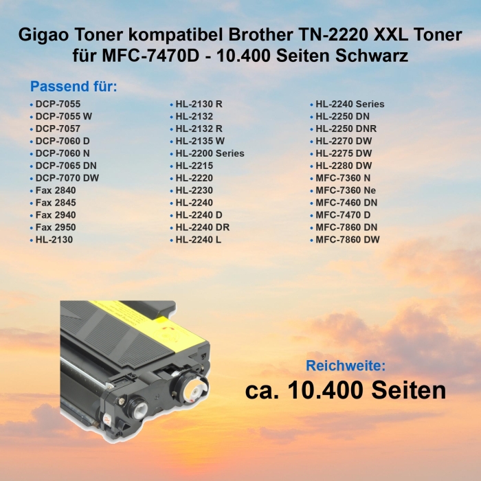 Gigao Toner kompatibel Brother TN-2220 XXL Toner für MFC-7470D - 10.400 Seiten Schwarz