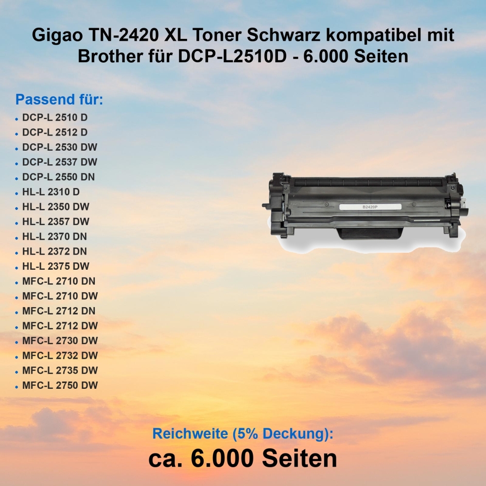 Gigao TN-2420 XL Toner Schwarz kompatibel mit Brother für DCP-L2510D - 6.000 Seiten