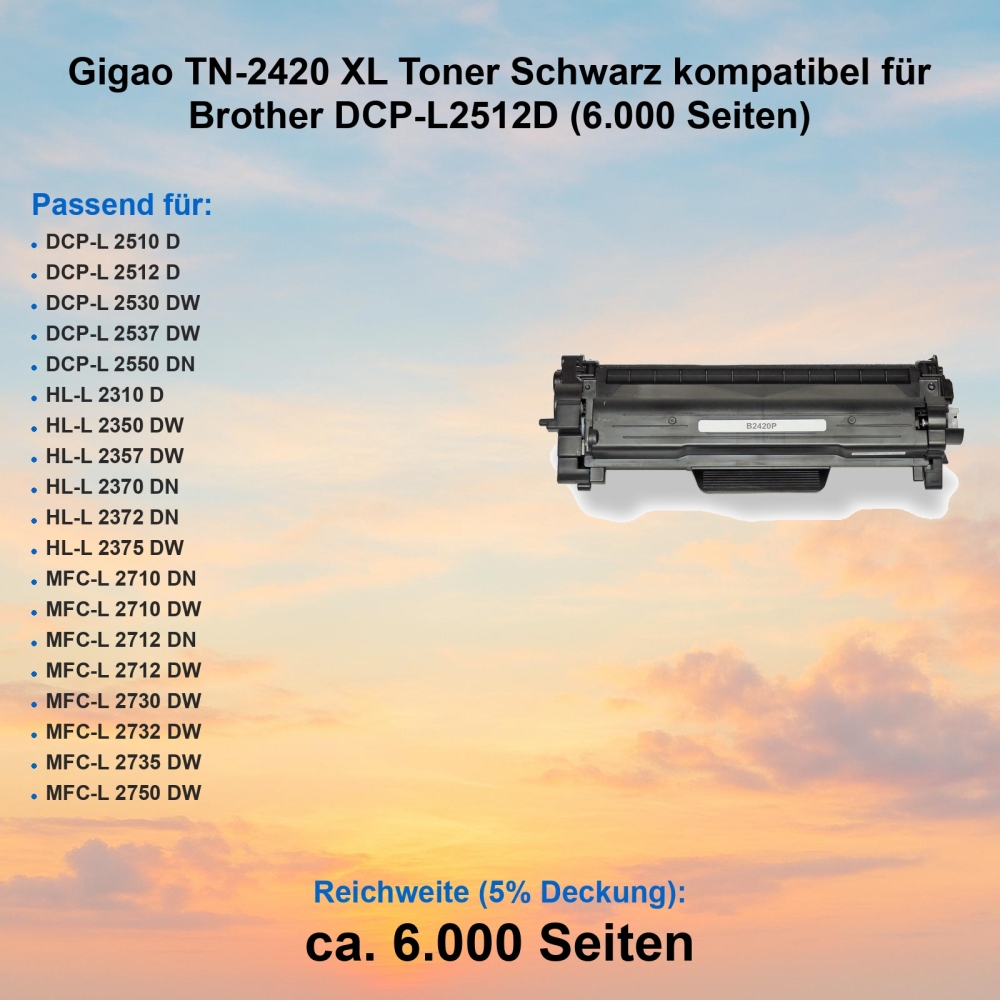 Gigao TN-2420 XL Toner Schwarz kompatibel für Brother DCP-L2512D (6.000 Seiten)