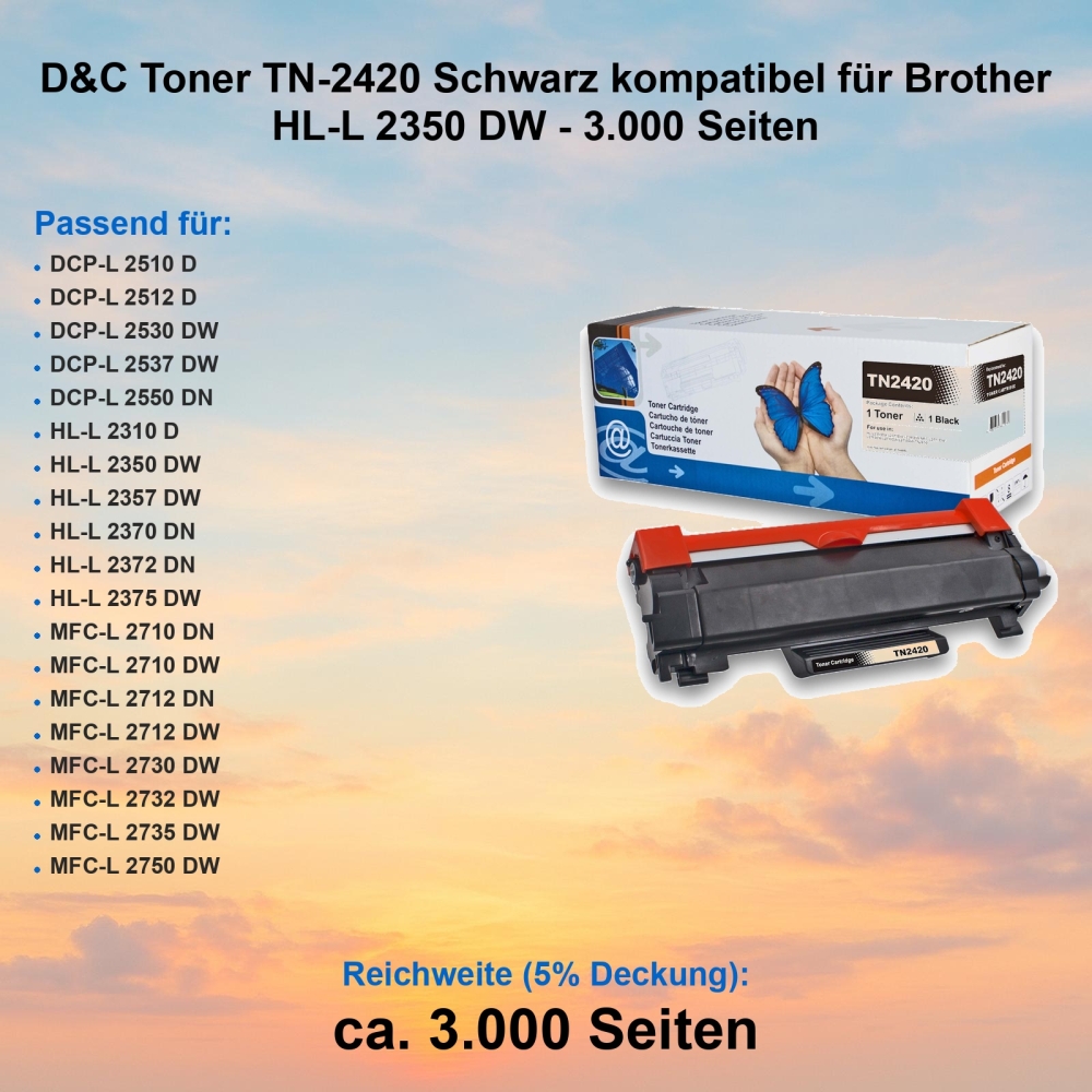 D&C Toner TN-2420 Schwarz kompatibel für Brother HL-L 2350 DW - 3.000 Seiten
