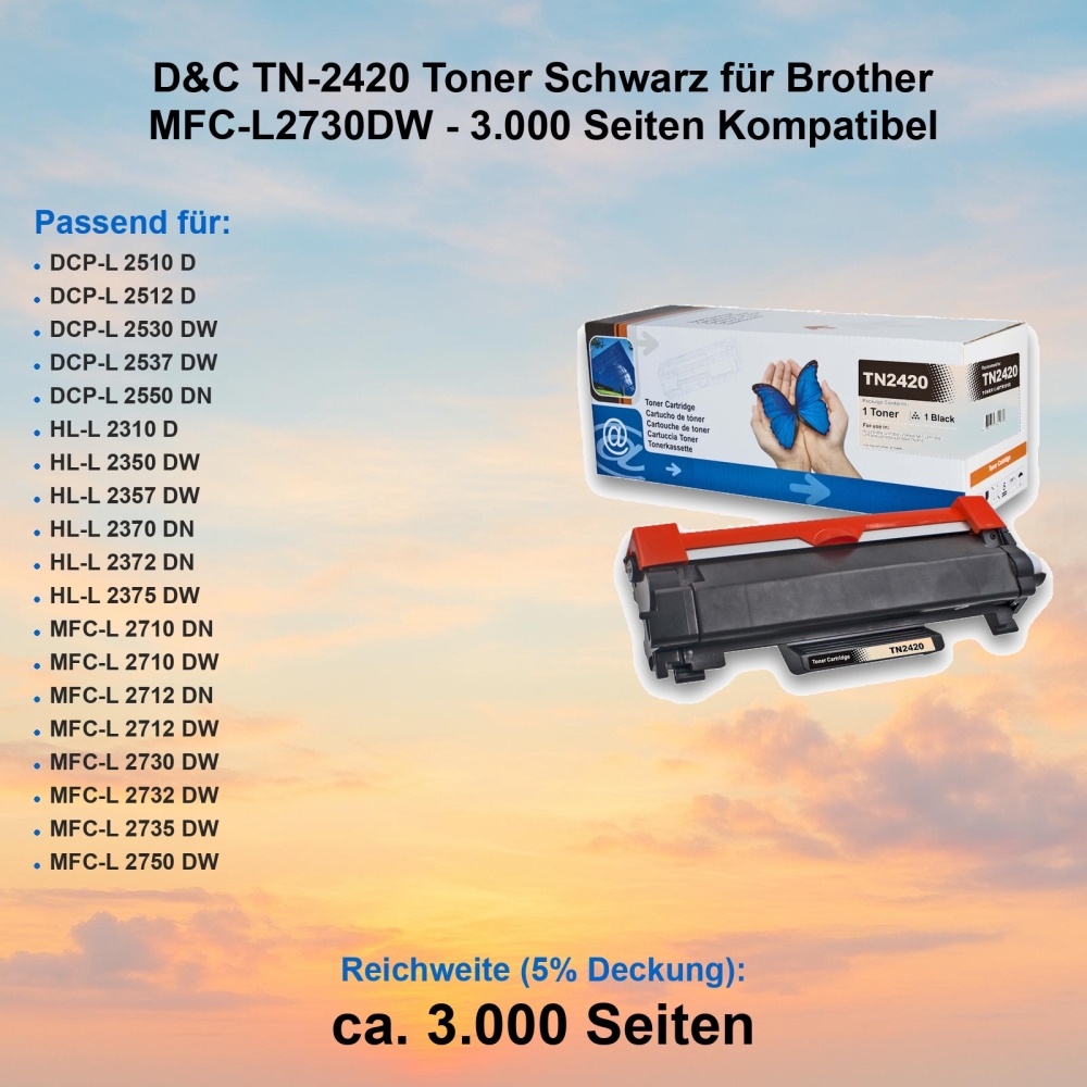 D&C TN-2420 Toner Schwarz für Brother MFC-L2730DW - 3.000 Seiten Kompatibel