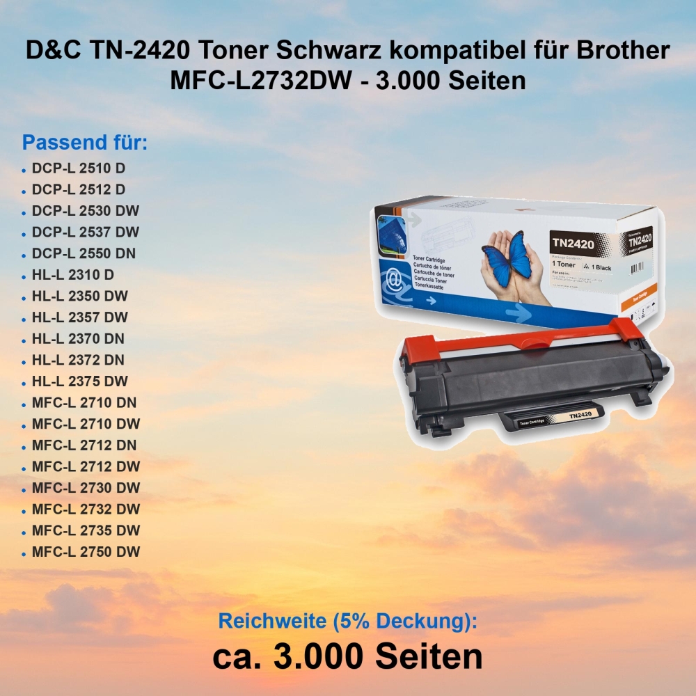 D&C TN-2420 Toner Schwarz kompatibel für Brother MFC-L2732DW - 3.000 Seiten
