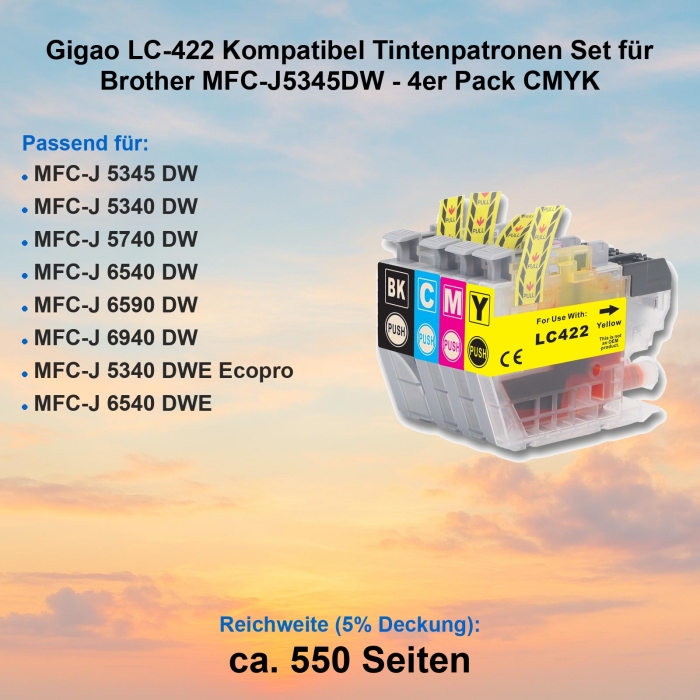 Gigao LC-422 Kompatibel Tintenpatronen Set für Brother MFC-J5345DW - 4er Pack CMYK