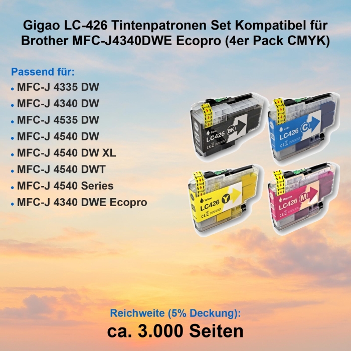 Gigao LC-426 Tintenpatronen Set Kompatibel für Brother MFC-J4340DWE Ecopro (4er Pack CMYK)