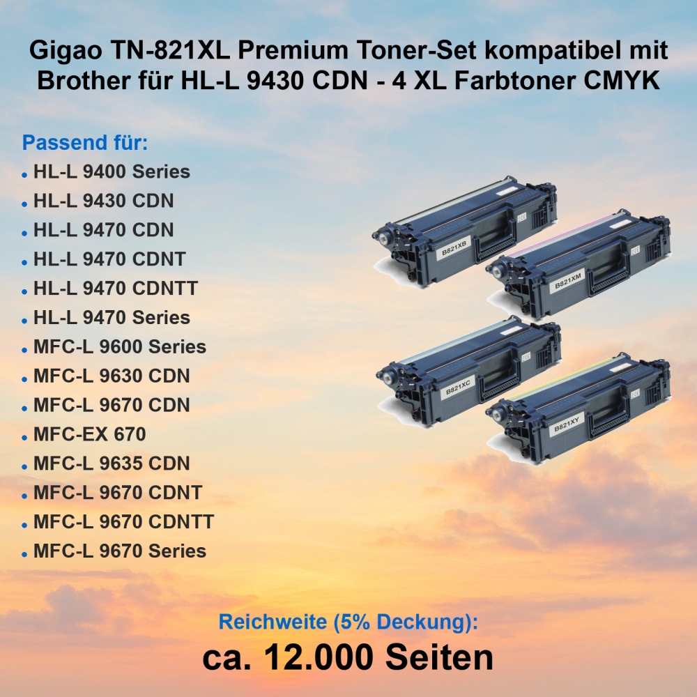 Gigao TN-821XL Premium Toner-Set kompatibel mit Brother für HL-L 9430 CDN - 4 XL Farbtoner CMYK