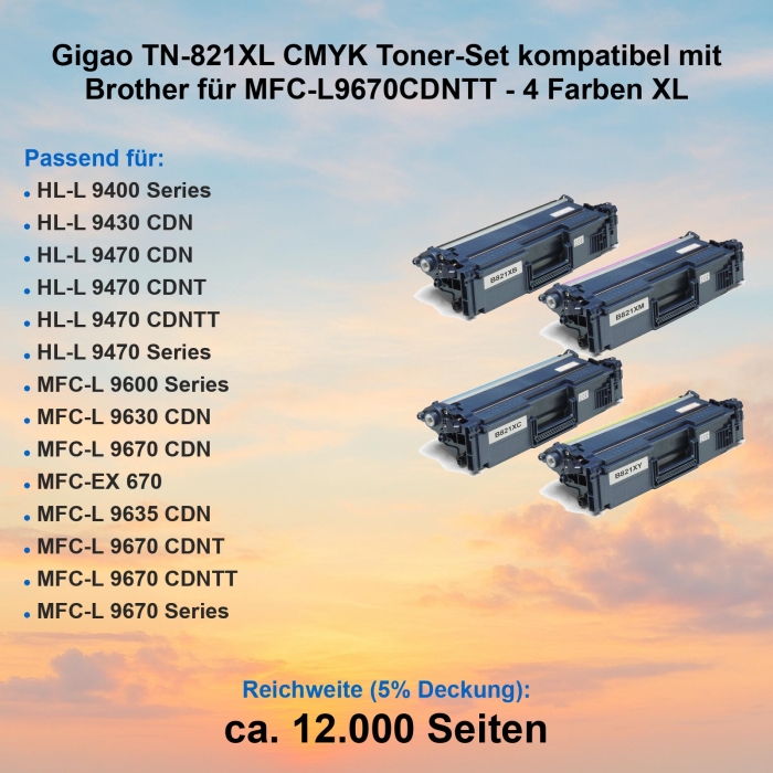 Gigao TN-821XL CMYK Toner-Set kompatibel mit Brother für MFC-L9670CDNTT - 4 Farben XL