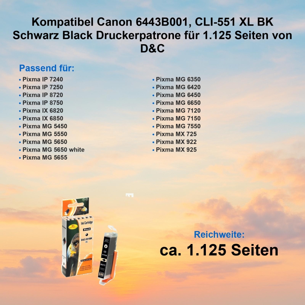 Kompatibel Canon 6443B001, CLI-551 XL BK Schwarz Black Druckerpatrone für 1.125 Seiten von D&C