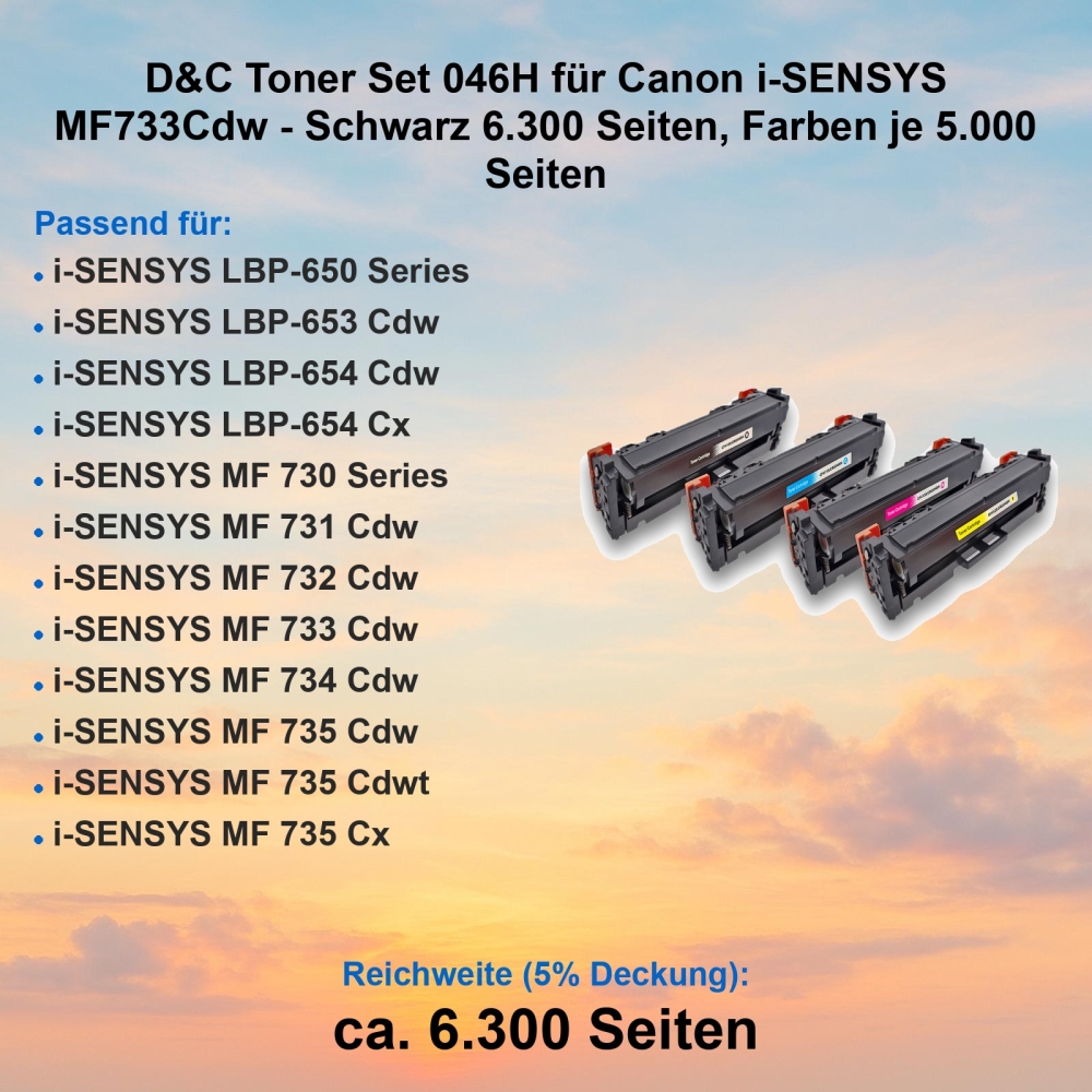 D&C Toner Set 046H für Canon i-SENSYS MF733Cdw - Schwarz 6.300 Seiten, Farben je 5.000 Seiten