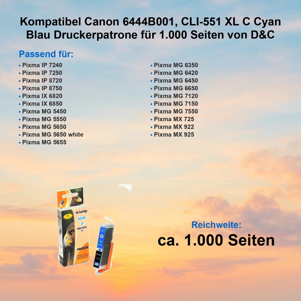 Kompatibel Canon 6444B001, CLI-551 XL C Cyan Blau Druckerpatrone für 1.000 Seiten von D&C