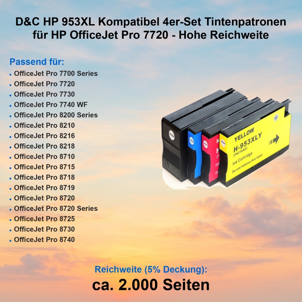 D&C HP 953XL Kompatibel 4er-Set Tintenpatronen für HP OfficeJet Pro 7720 - Hohe Reichweite