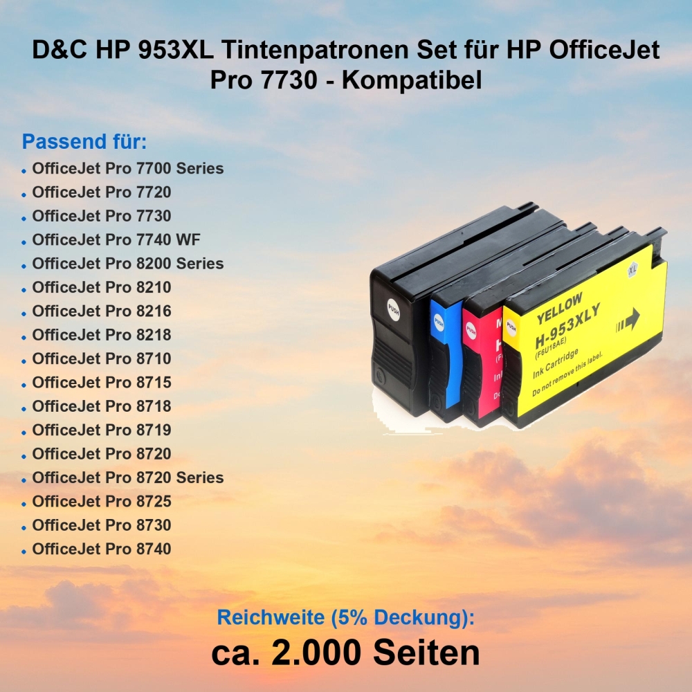 D&C HP 953XL Tintenpatronen Set für HP OfficeJet Pro 7730 - Kompatibel