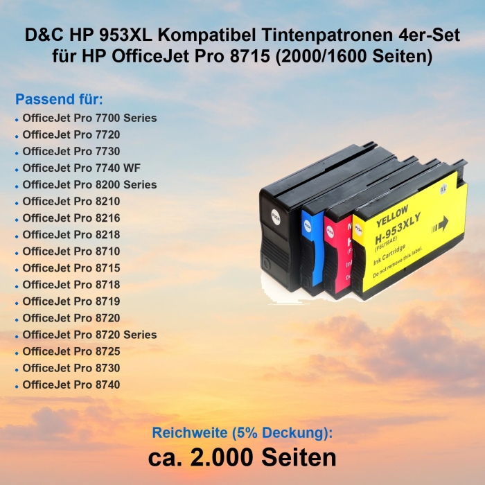 D&C HP 953XL Kompatibel Tintenpatronen 4er-Set für HP OfficeJet Pro 8715 (2000/1600 Seiten)