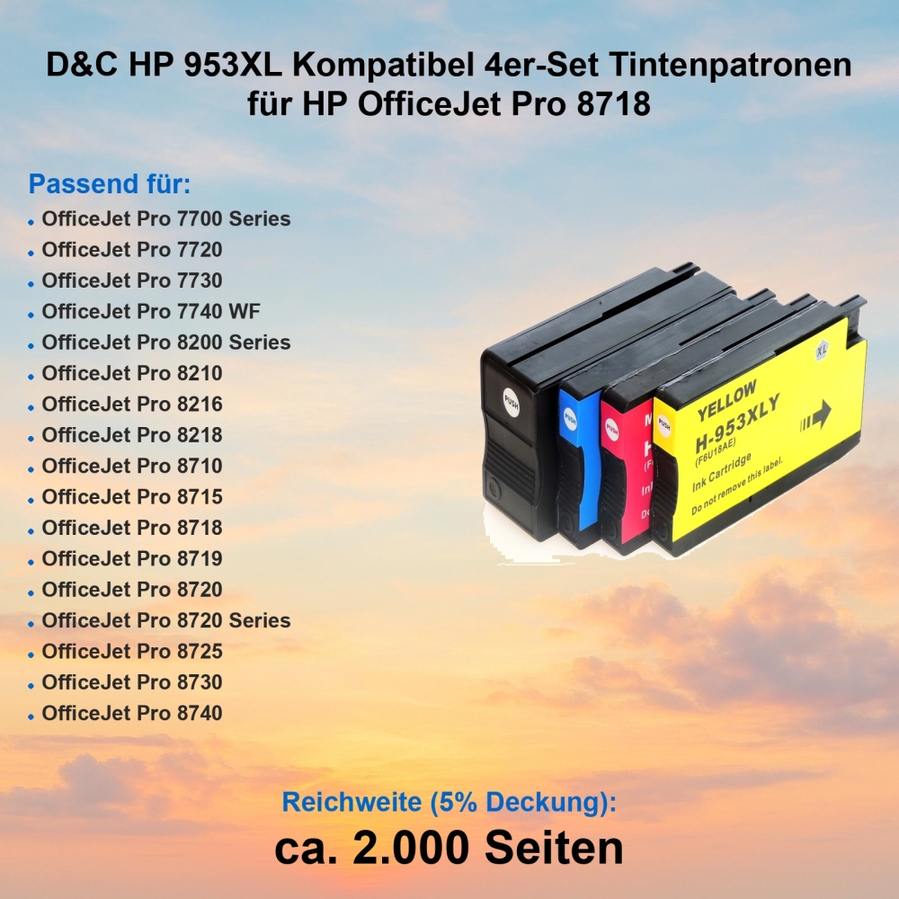 D&C HP 953XL Kompatibel 4er-Set Tintenpatronen für HP OfficeJet Pro 8718
