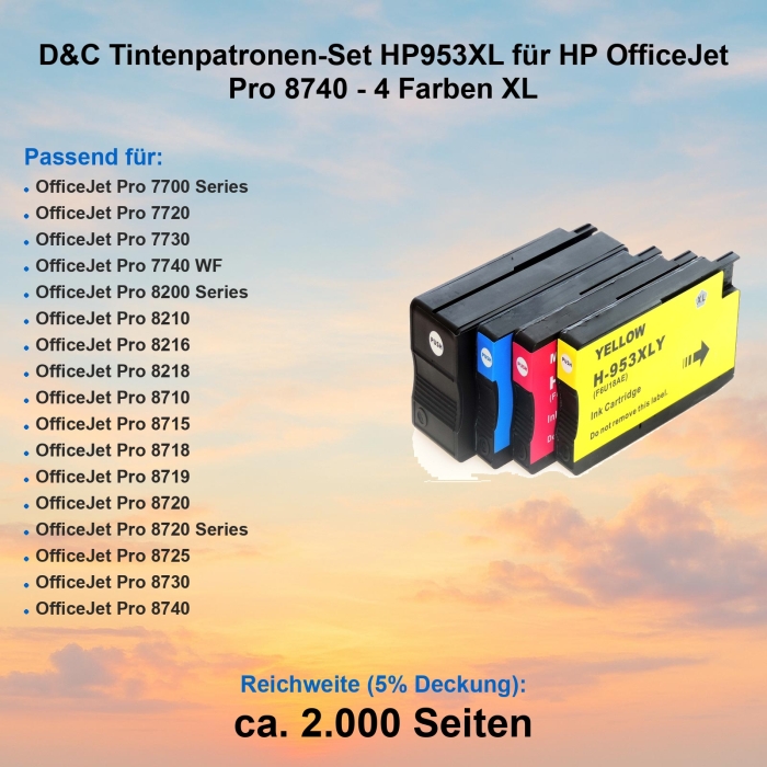 D&C Tintenpatronen-Set HP953XL für HP OfficeJet Pro 8740 - 4 Farben XL