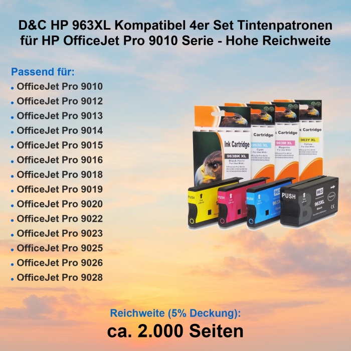 D&C HP 963XL Kompatibel 4er Set Tintenpatronen für HP OfficeJet Pro 9010 Serie - Hohe Reichweite