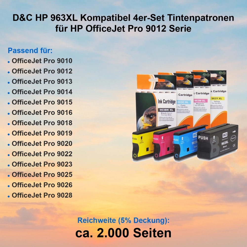 D&C HP 963XL Kompatibel 4er-Set Tintenpatronen für HP OfficeJet Pro 9012 Serie