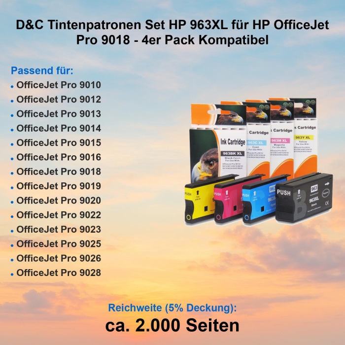 D&C Tintenpatronen Set HP 963XL für HP OfficeJet Pro 9018 - 4er Pack Kompatibel