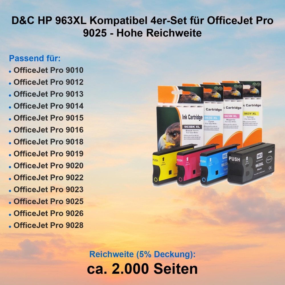 D&C HP 963XL Kompatibel 4er-Set für OfficeJet Pro 9025 - Hohe Reichweite