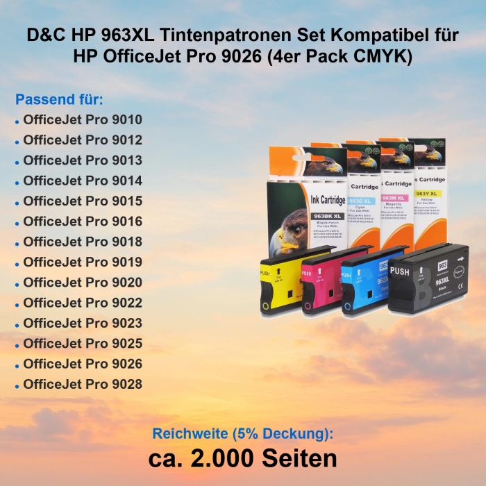 D&C HP 963XL Tintenpatronen Set Kompatibel für HP OfficeJet Pro 9026 (4er Pack CMYK)