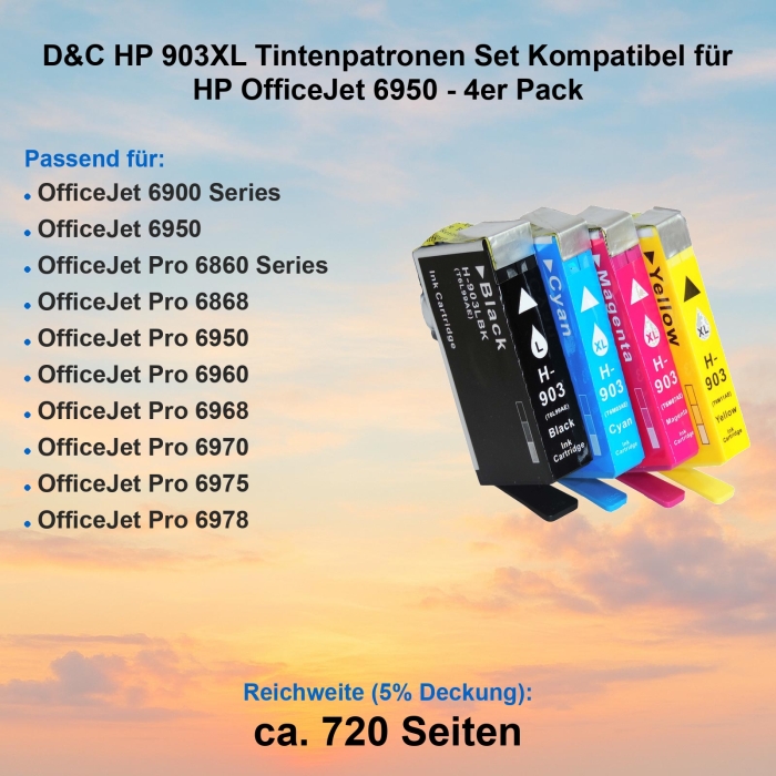 D&C HP 903XL Tintenpatronen Set Kompatibel für HP OfficeJet 6950 - 4er Pack
