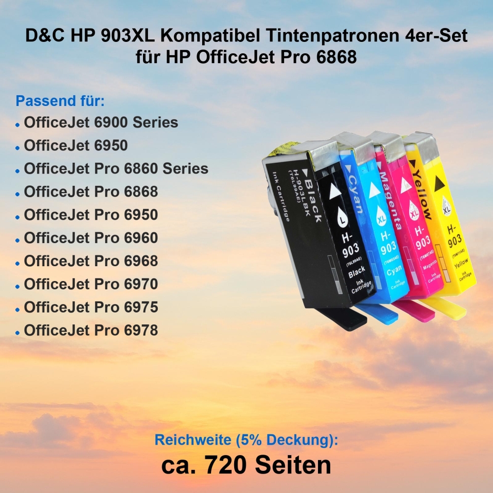 D&C HP 903XL Kompatibel Tintenpatronen 4er-Set für HP OfficeJet Pro 6868