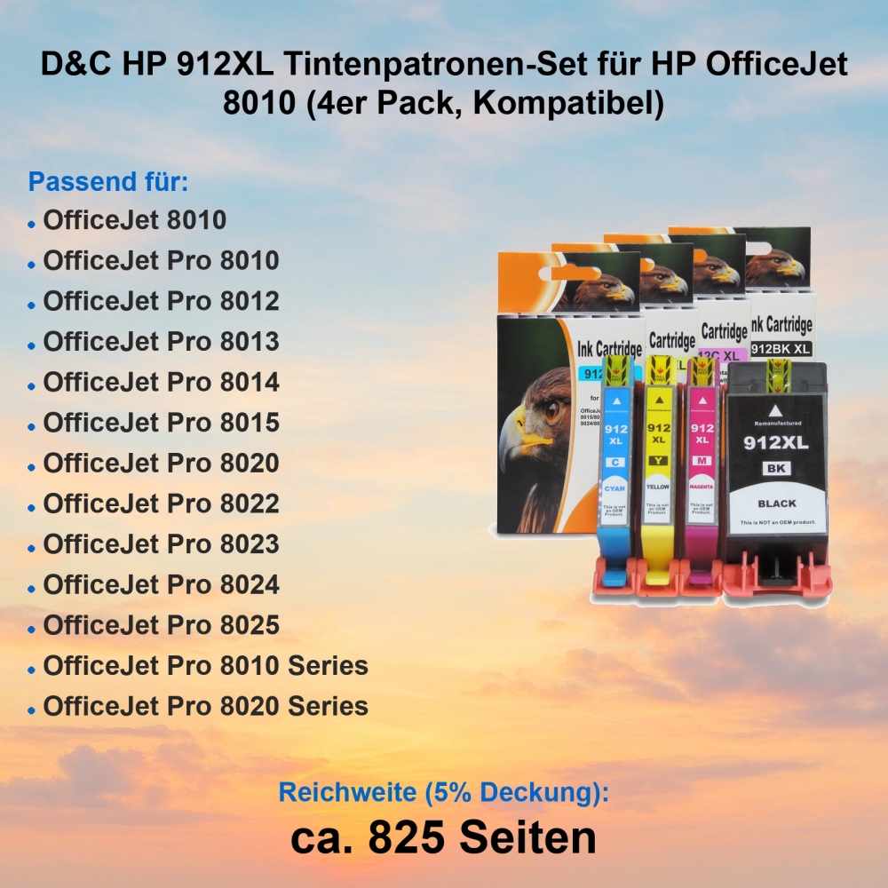 D&C HP 912XL Tintenpatronen-Set für HP OfficeJet 8010 (4er Pack, Kompatibel)