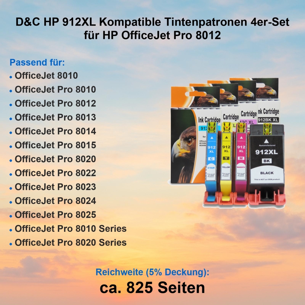 D&C HP 912XL Kompatible Tintenpatronen 4er-Set für HP OfficeJet Pro 8012
