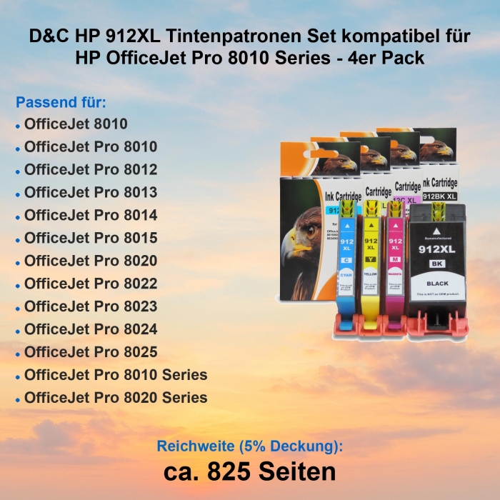 D&C HP 912XL Tintenpatronen Set kompatibel für HP OfficeJet Pro 8010 Series - 4er Pack
