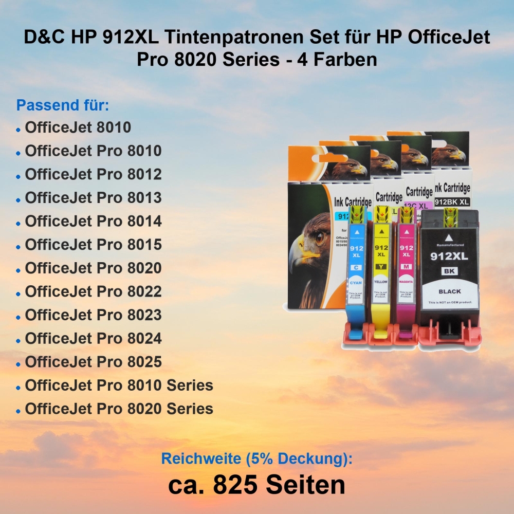 D&C HP 912XL Tintenpatronen Set für HP OfficeJet Pro 8020 Series - 4 Farben