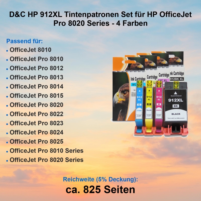 D&C HP 912XL Tintenpatronen Set für HP OfficeJet Pro 8020 Series - 4 Farben