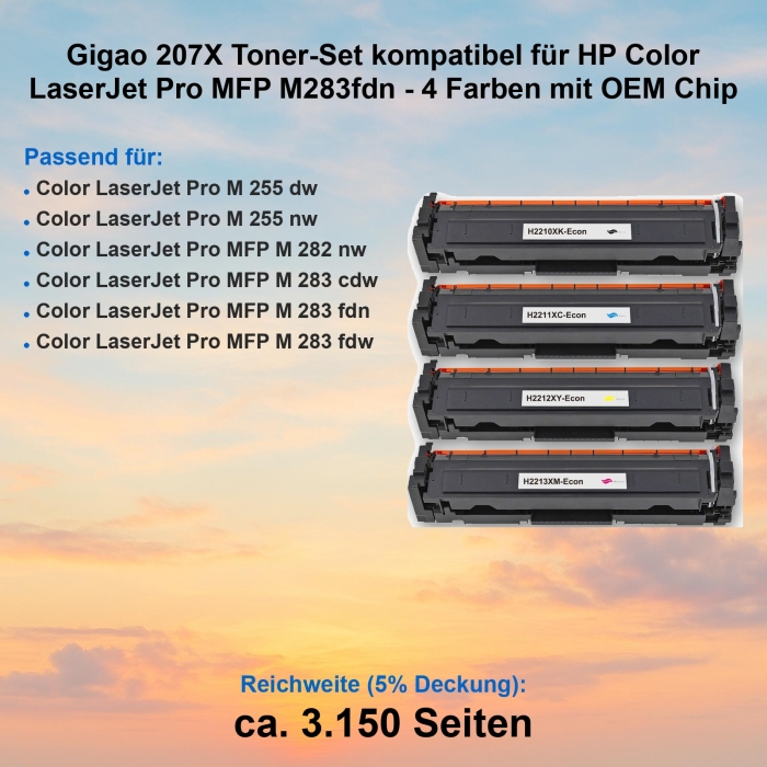 Gigao 207X Toner-Set kompatibel für HP Color LaserJet Pro MFP M283fdn - 4 Farben mit Chip